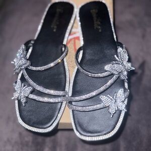 Bonnibel Black Sandals with Silver Butterfly Accents